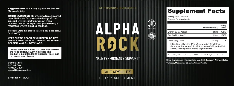 Supplement facts label for Alpha Rock capsules, published inside HoneyFil's own image folder