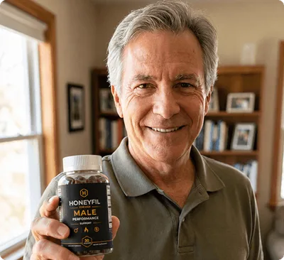 Man holding a HoneyFil bottle, manufacturer marketing image