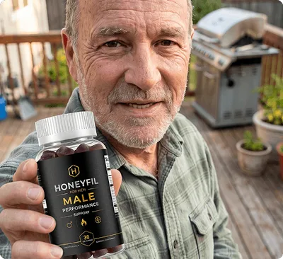 Man holding a HoneyFil bottle, manufacturer marketing image
