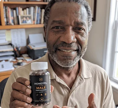 Man holding a HoneyFil bottle, manufacturer marketing image