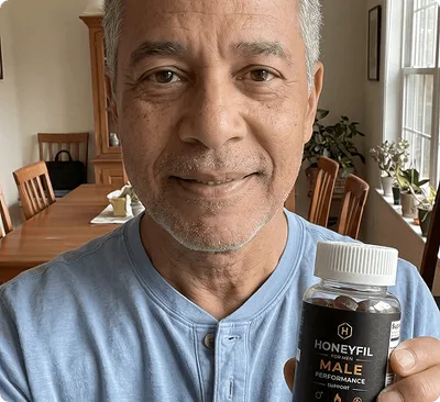 Man holding a HoneyFil bottle, manufacturer marketing image